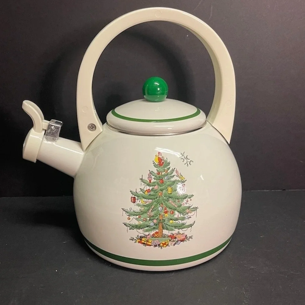 Vtg Spode Christmas Tree 2.5 Qt Enamel Whistling Tea Kettle Pristine Unused